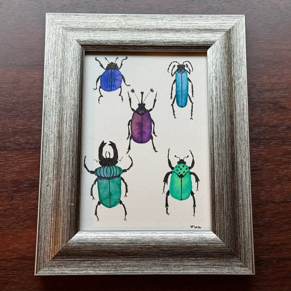 Art Watercolor and Ink Beetles Framed Handmade